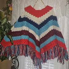 Vintage 1970s Crochet Poncho Colorful Handmade Cottage Core Boho Fringe M