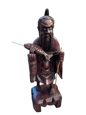 Vtg Hand Carved Wood Asian Fisherman Fish & Pole Made In Taiwan Marked