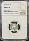 1941-D Mercury Dime- NGC MS60 FB - 90% - POP 1 -