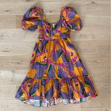 Farm Rio - Macaw Print Puff Sleeve Dress in Orange & Purple Multi