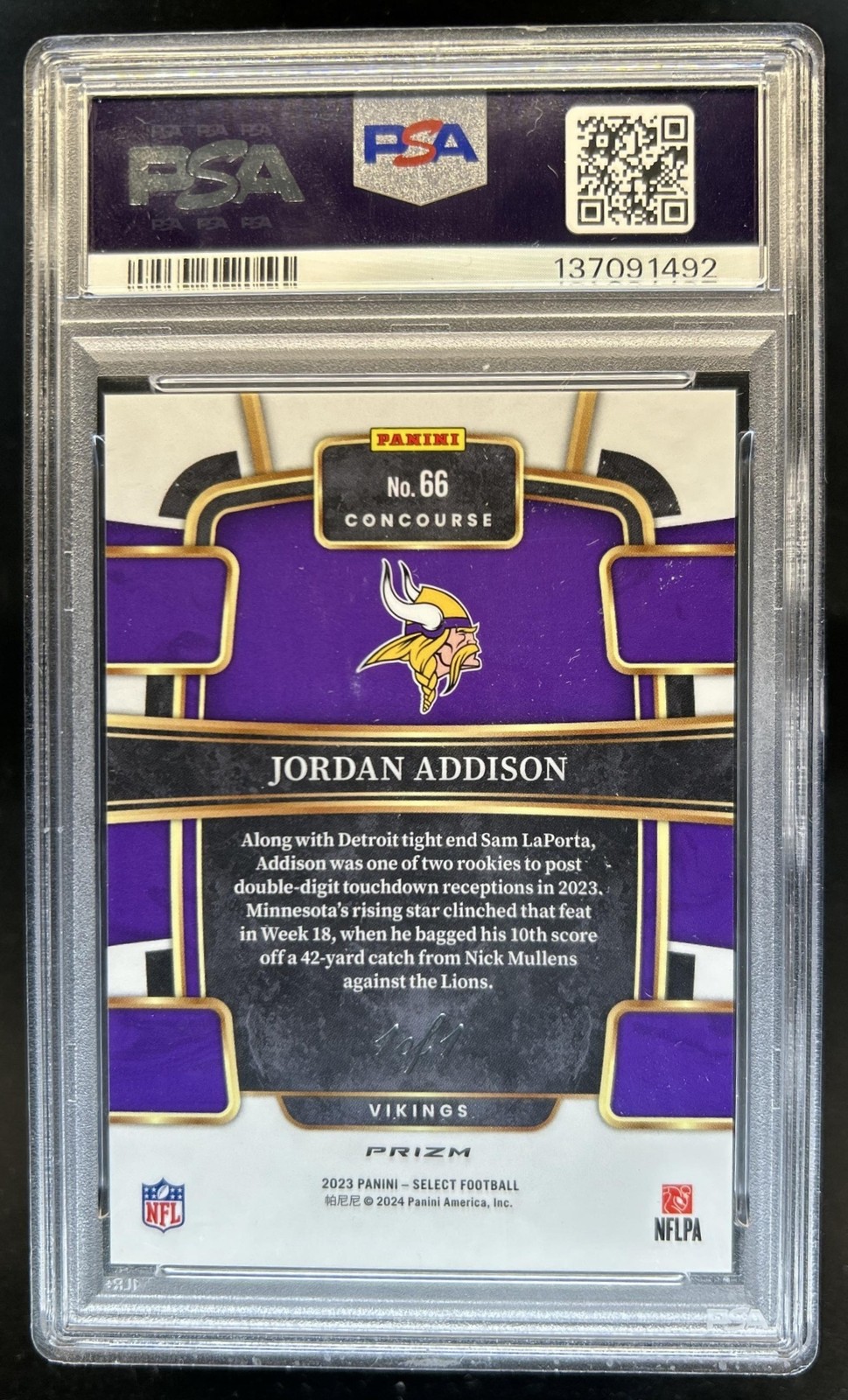 2023 Select Jordan Addison RC Dragon Scale Black Prizm Concourse #1/1 PSA 10 view 2