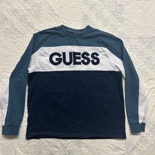 GUESS Men  s Large Sweatshirt Colorblock 1990s Navy White Blue Embroidered Logo