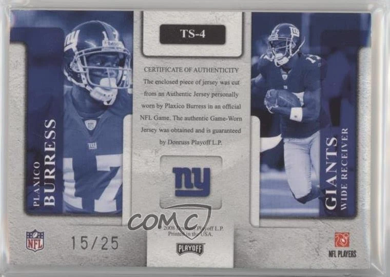 2008 Prestige TD Sensations Materials Prime /25 Plaxico Burress #TS-4 - Image 2 of 2