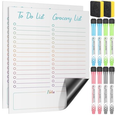 Magnetic Dry Erase Grocery List 10'' x 12'' - 2 Pack with 8 Markers & 2 Erasers