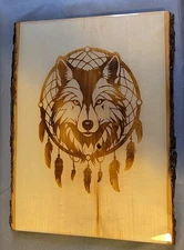 Wood Burning Of Dream Catcher W/wolf In The Center.  Made By The Seller