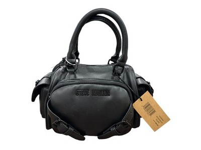 Steve Madden Black Faux Leather Mini Duffle Handbag With Detachable Strap