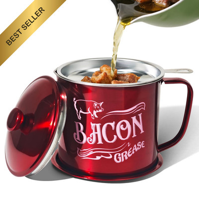 Red Stainless Steel 1.3L Bacon Grease Container 46oz Oil Keeper with Mesh Filter