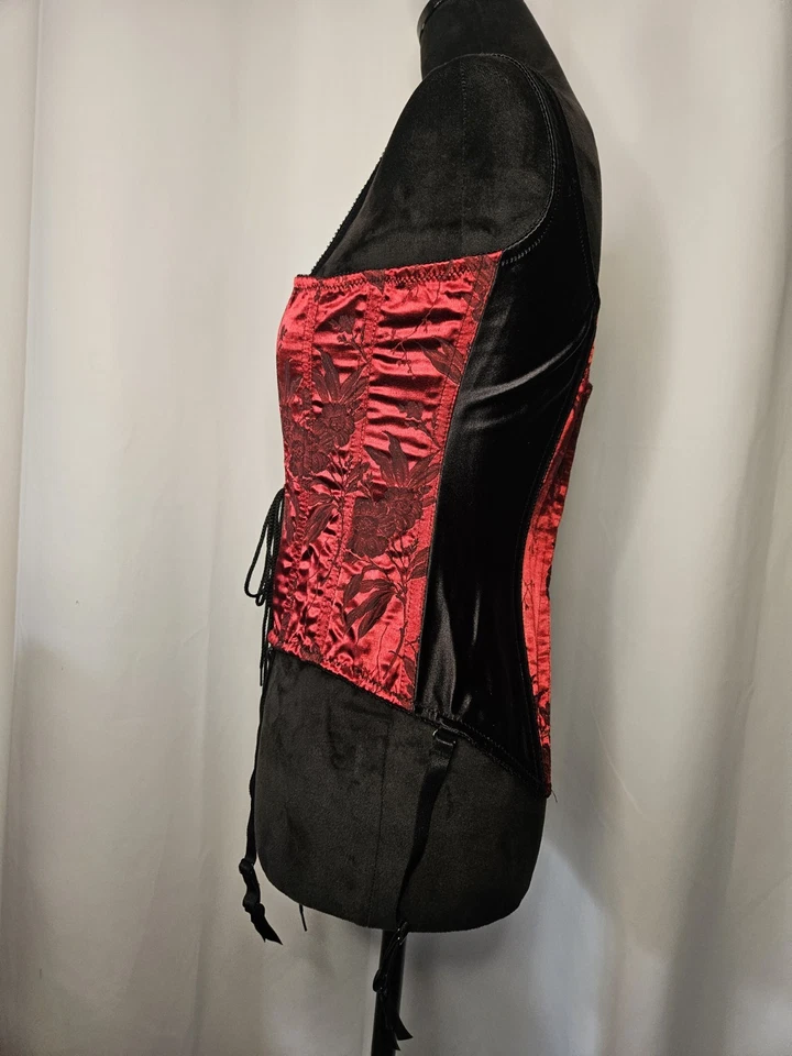 Vintage Y2K Victoria's Secret Black Red Floral Lace Up Corset Med Garter Straps - Image 2 of 4