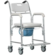 3-in-1 Shower Commode Wheelchair, Transport Beside Commode Chair w/Padded Seat