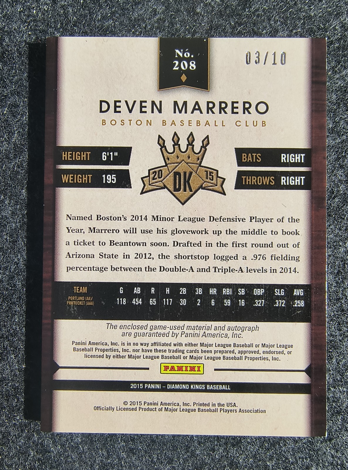 DEVEN MARRERO Rookie Dual Patch Relic Auto Card #3/10- 2015 Panini Diamond Kings view 2