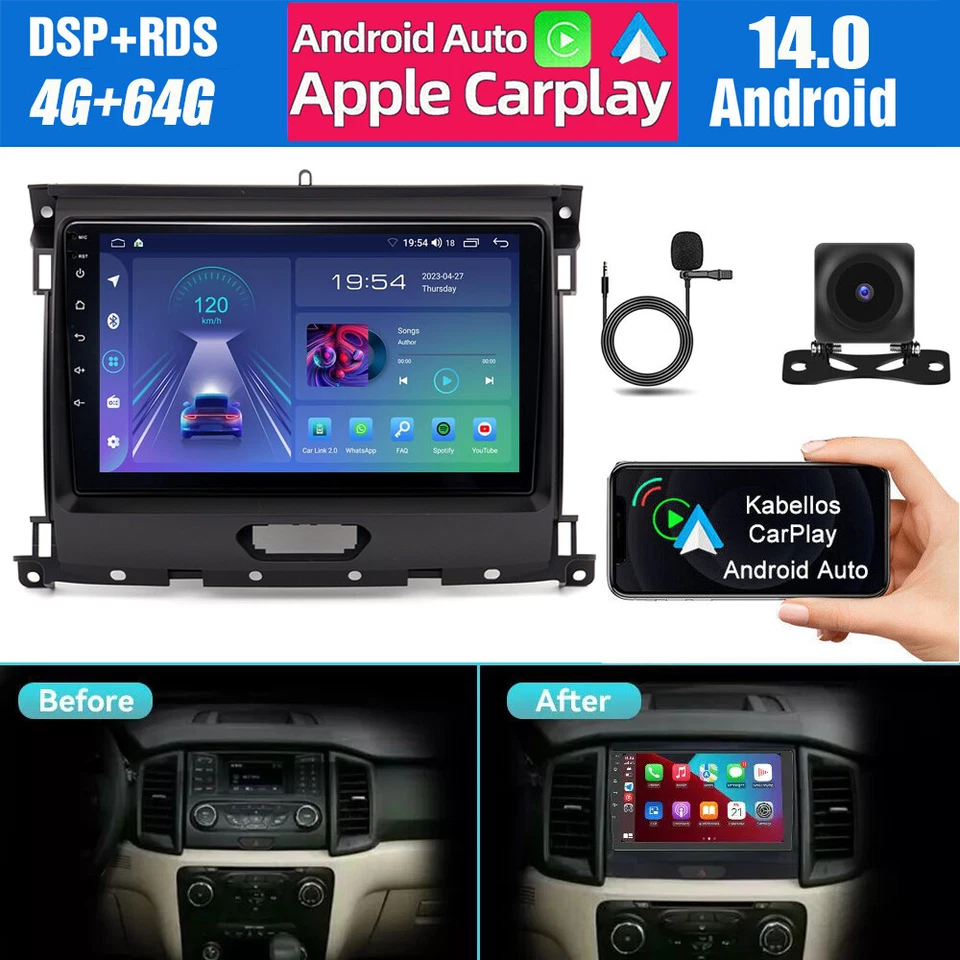 4+64 GB Android 14 GPS Navegación Coche Radio Estéreo BT Carplay Para Ford Ranger 2016-2019 Foto 2 de 4
