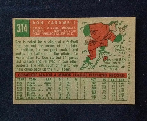 1959 Topps Baseball #314 Don Cardwell Phillies EX-como nuevo envío gratuito - Imagen 2 de 2