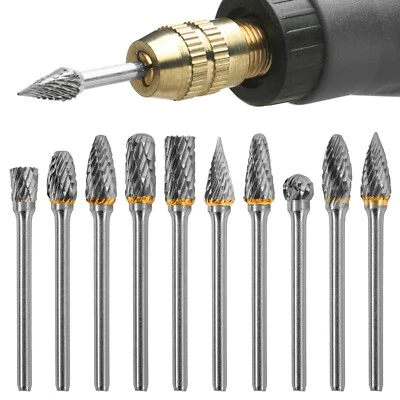 BLOSTM 10Pc Rotary Burr Drill Bits Tungsten Carbide Carving 1/4" Shank Metal Set