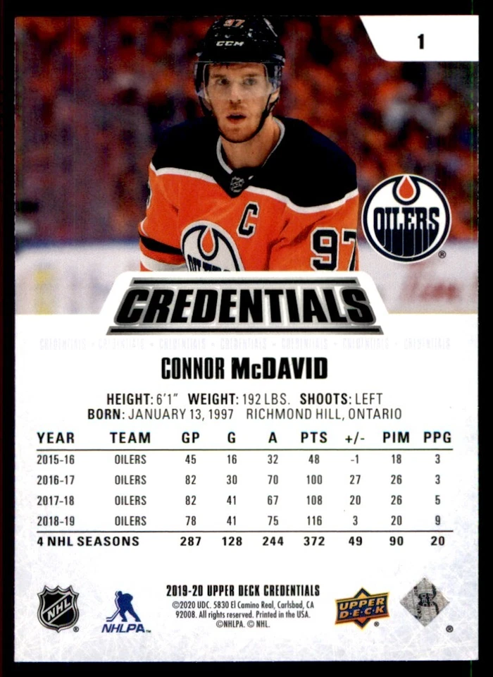 2019-20 Upper Deck Credentials Connor McDavid Edmonton Oilers #1 - Image 2 of 2