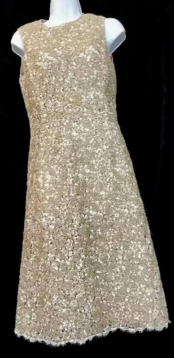 Michael Kors Dress Aline Sleeveless Beige Linen And Lace Brocade