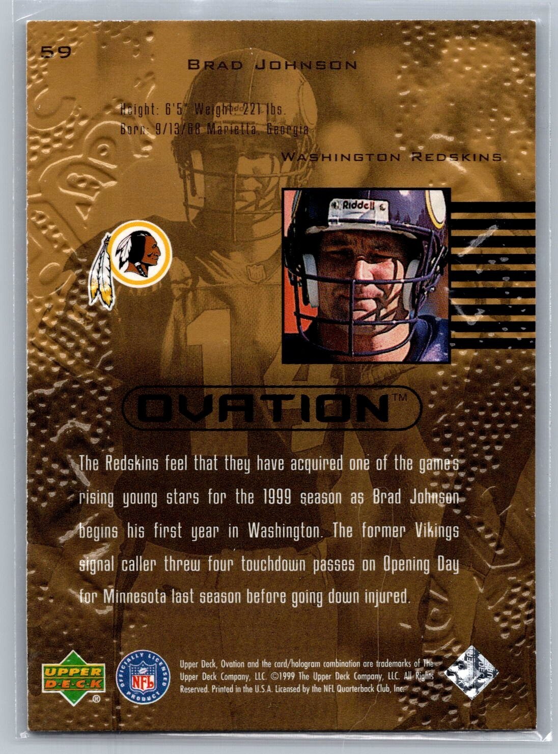 1999 UPPER DECK OVATION CARD 59 Brad Johnson Washington Redskins eBay