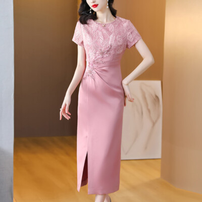 Women Wedding Pink Dress Summer Mom Dress Fashion Short Sleeve Elegant Dress  | eBay