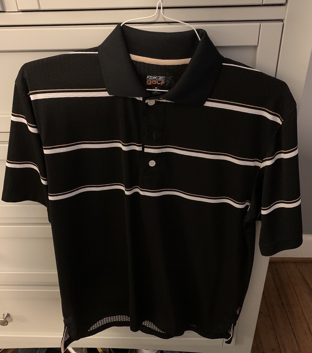 Reebok Golf Mens Polo Black With Golf And White Stripes