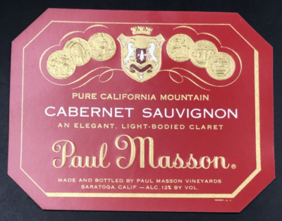 VTG 1940s Original Paul Masson Cabernet Sauvignon Claret Wine Label Embossed