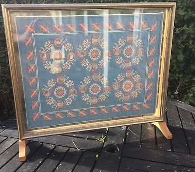 PRELOVED ZWEISEITIG BLAU LEINEN ROSA/WT BESTICKT/GLASSCHEIBE 20 1/2''x18''x5 1/2''