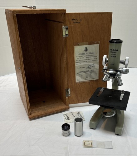 Vintage Tasco 450x Student Microscope, With 10x eyepiece, Wood Carrying Case
