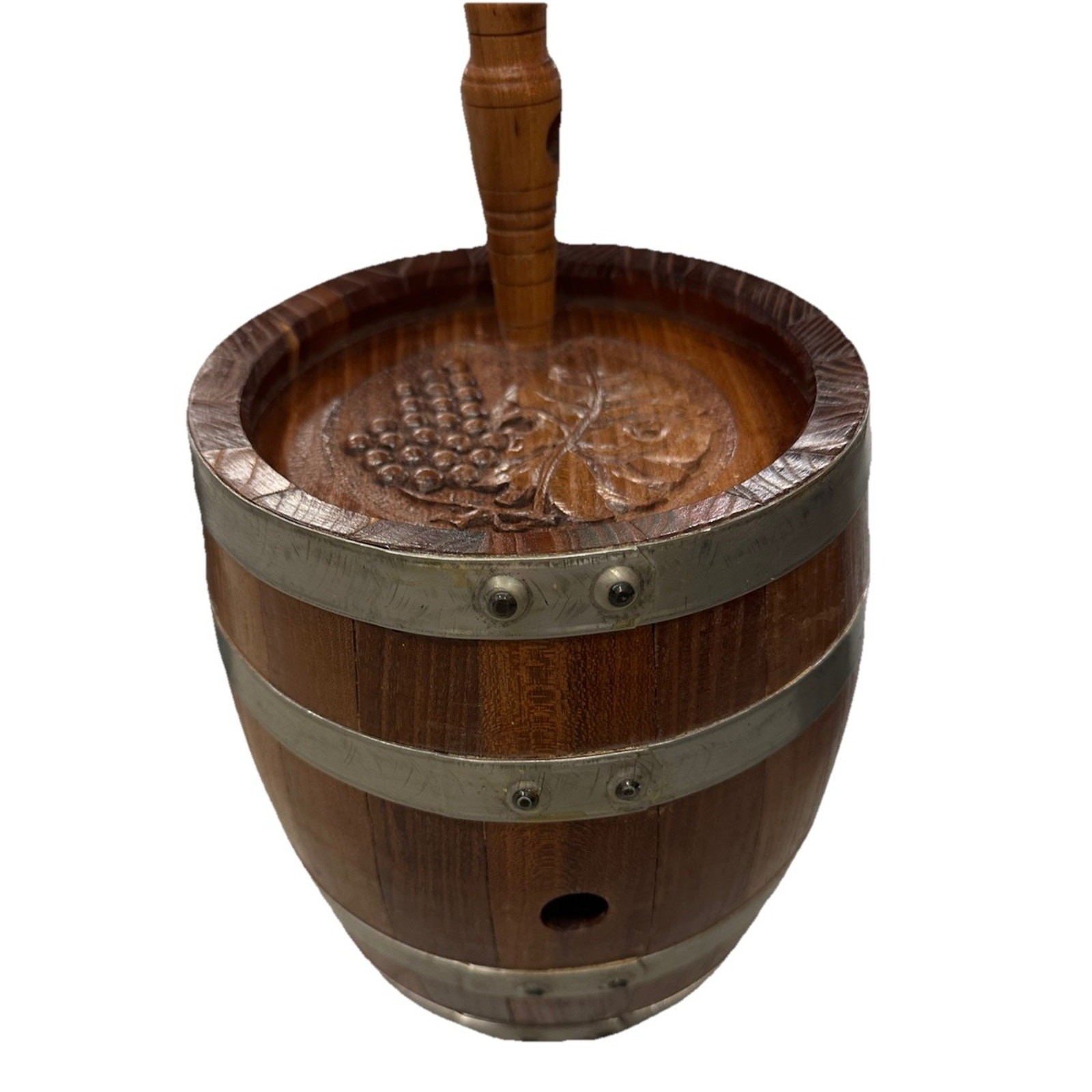 Wood Wine Keg Rum Oak Decorative Mini Whiskey Barrel Dispenser Carved Grapes VTG