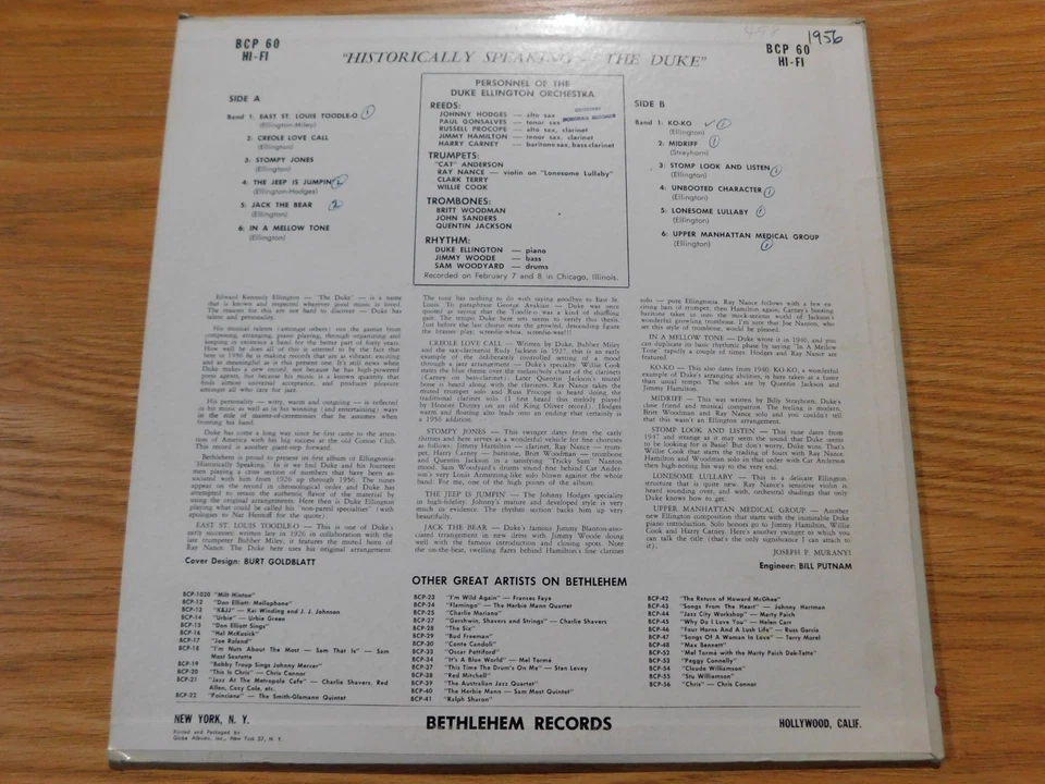 Duke Ellington - Bethlehem LP - Historically Speaking, The Duke - BCP 60 - Image 2 of 4
