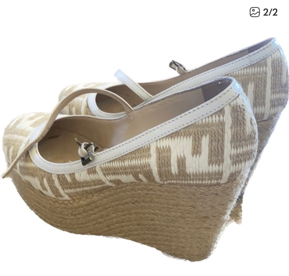 Auténtica Alpargata FENDI Zeppa Plataforma Cuña Mary Jane Natural Talla 38,5 EUR Foto 2 de 2