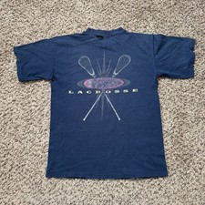 Vintage 90s STX Lacrosse T Shirt Made In USA Distressed Size Medium Navy