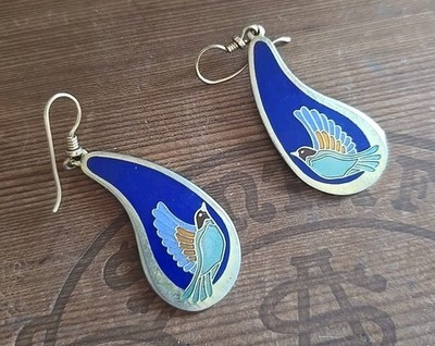 Laurel Burch Marked Cobalt Blue Enamel w Lavender Orange Green Bird Teardrop Swi