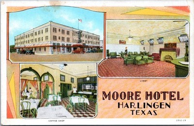 Moore Hotel, Harlingen, Texas - 1929 Linen Postcard - Multiple Views