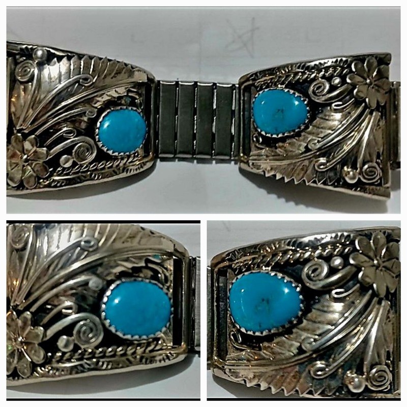 OLD PAWN NAVAJO STIRLING SILVER TURQUOISE WATCH VTG NATIVE AMERICAN, heavy men's