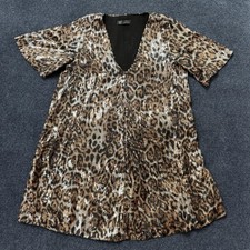 Zara Dress Womens XS Brown Sequin Leopard V Neck Short Sleeve Swing Mini Party