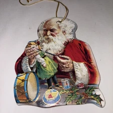 Vintage Cardboard Die Cut Santa Toy Maker Christmas Ornament Old World Charm