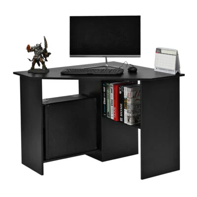PANANA Small Corner Computer Desk Writing Study Laptop Table Shelves Home Office Black