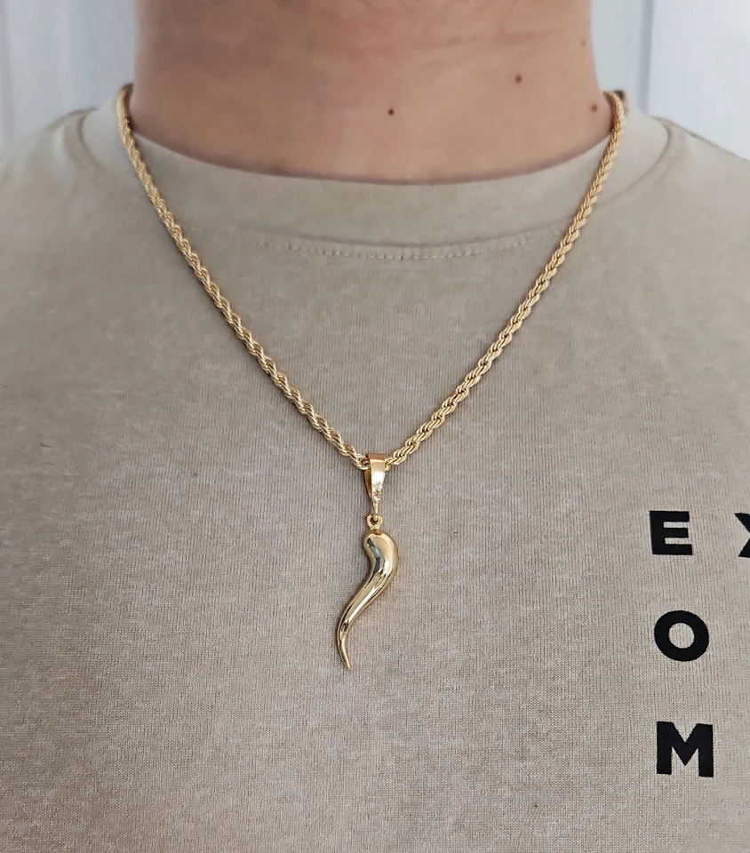 Collar de cuerno italiano de oro para hombre, cadena de cuerda de oro de 3 mm, diamante de cuerno italiano Foto 2 de 4