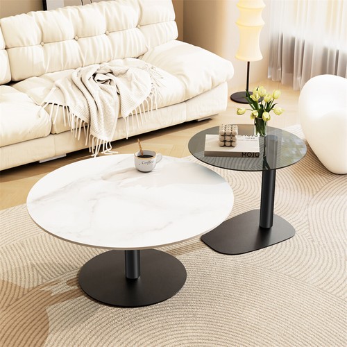 2x Modern Coffee Table Set Round Nesting Table Beech Wood/Sintered Stone + Glass - Picture 8 of 24
