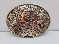 Western Silver  Gold Tone Rose Belt Buckle Flower Oval W Logo Made in USA K2