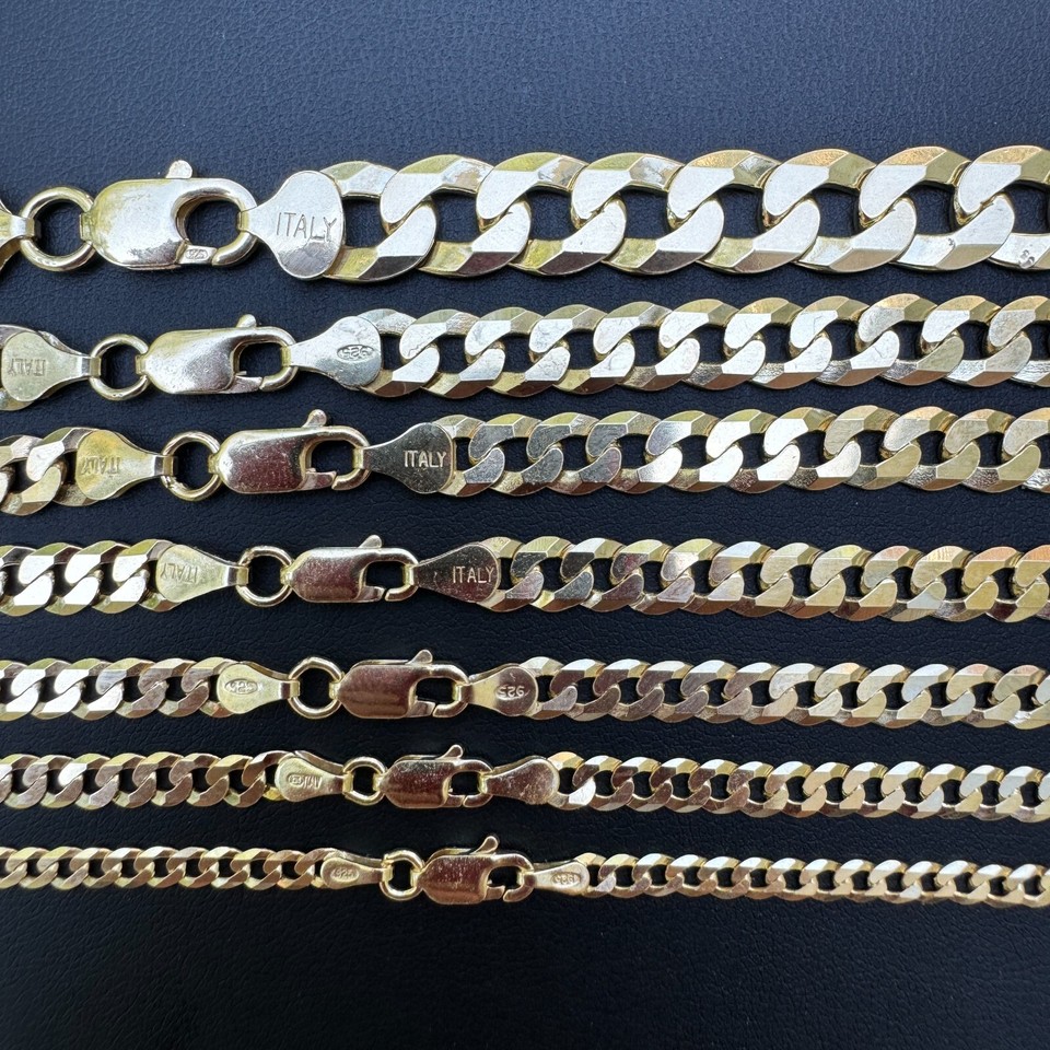 REAL Solid 925 Silver 14k Gold Plated Flat Cuban Link Chain Necklace ...