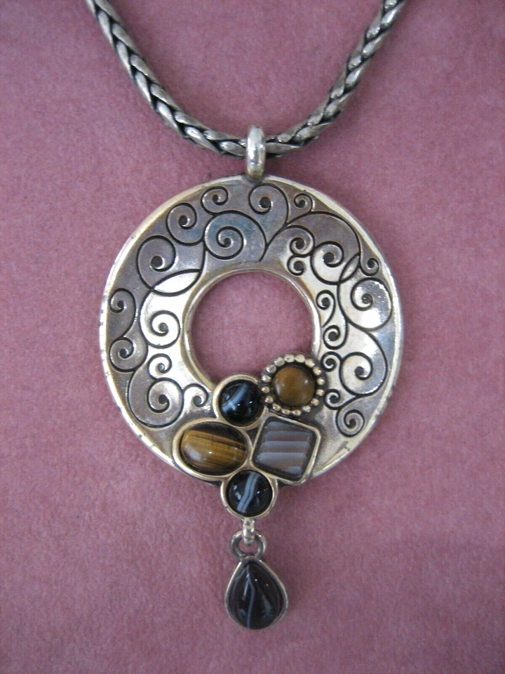 BRIGHTON SEMI-PRECIOUS Tiger’s Eye Onyx Circle Round Pendant Necklace! RETIRED Foto 2 de 4