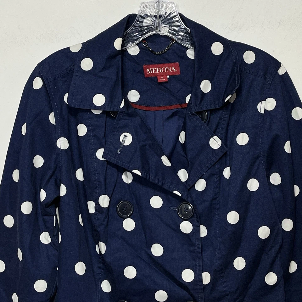 Abrigo de mujer Merona talla S azul blanco a lunares gabardina chaqueta de doble botonadura Foto 3 de 4