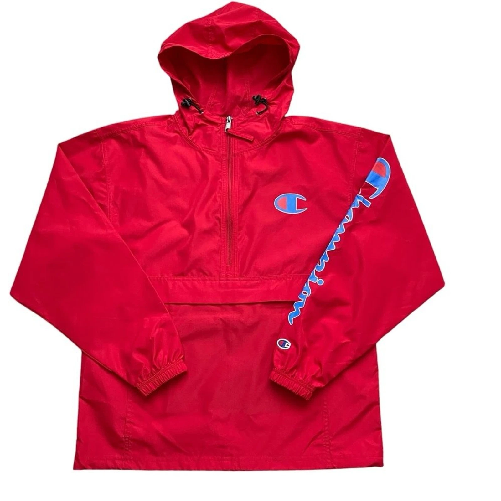 Champion Logo Quarter Zip Packable Hooded Windbreaker Jacket Men’s Size S Red