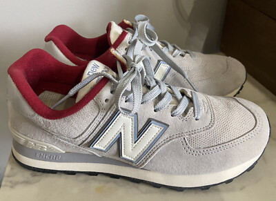 New Balance Women's Suede 574 Encap Sneakers Shoes Grey Lt Blue Varsity Red 9 B