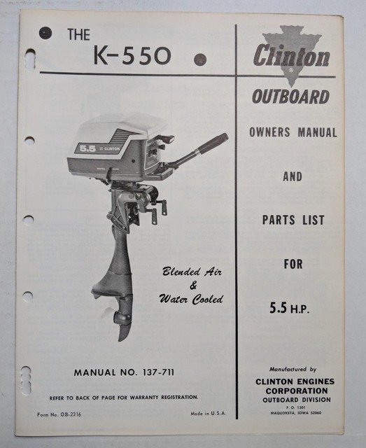 ORIGINAL CLINTON 5.5 HP K550, OUTBOARD OWNERS AND PARTS MANUAL eBay