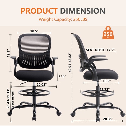 Drafting Chair with Footrest Ring, Flip-up Arms & Swivel Tall, Adjustable Height - Picture 14 of 19