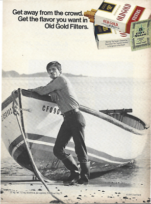 Old Gold Filters Cigarettes Man Smoking with Boat Print Ad from 1971