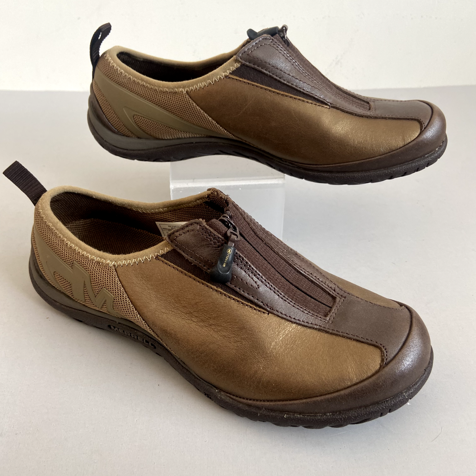 Scarpe da ginnastica Merrell J69984 oro marrone zip davanti impugnatura selezionata donna taglia 6