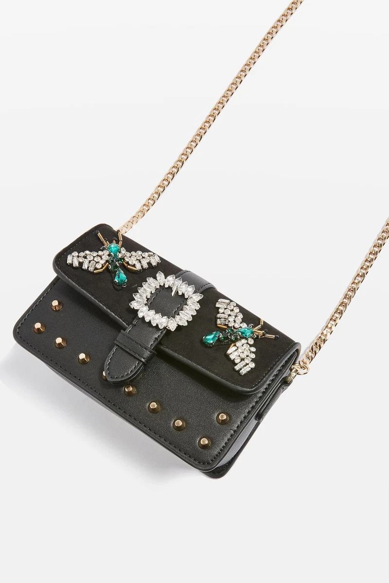 Topshop Black Jewel Rosie Bug Studded Blogger Gold Chain Cross Body Vegan Bag