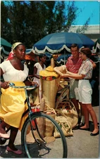 Vintage Postcard Native Straw Market Bahama Islands 5.5x3.5 In Bike Cute Lady