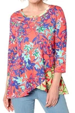 LOGO by Lori Goldstein Women's Mixed Print Top Coral Green